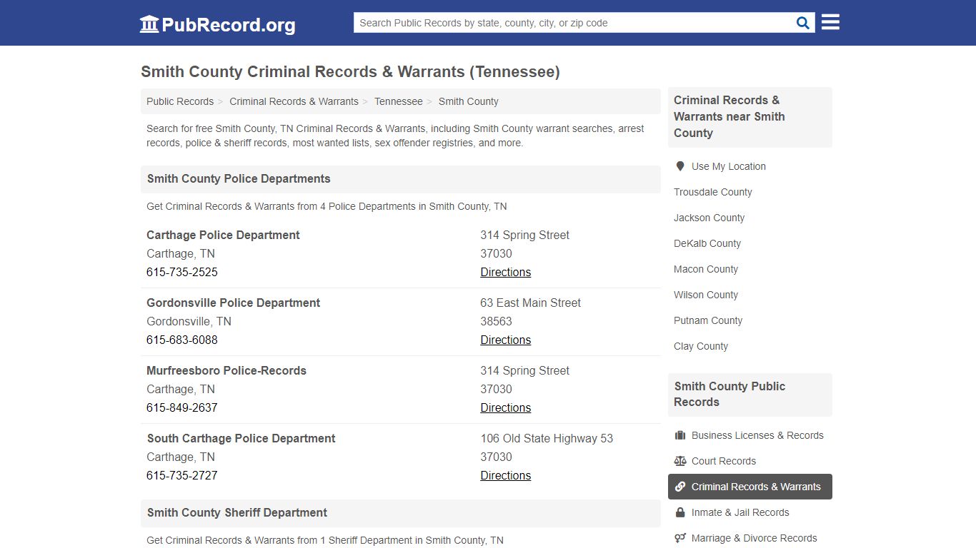 Smith County Criminal Records & Warrants (Tennessee)